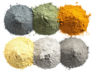 Six piles of colorful powder; earthy and muted tones