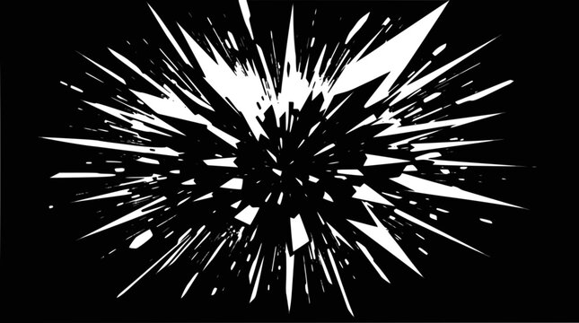 A dynamic abstract image featuring sharp white fragments exploding outwards from a central point on a black background, creating a powerful visual effect.