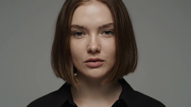 Portrait of a young woman with short hair on grey background
