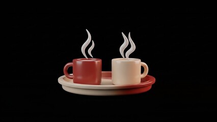 Two steaming cups of coffee on a saucer against a black background.