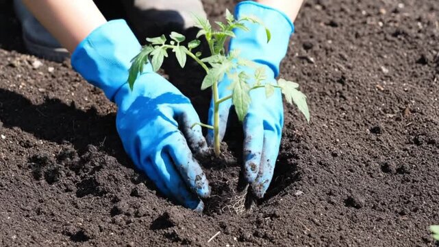 A close-up shot features gloved hands meticulously planting a young green seedling into nutrient-rich, dark soil under bright natural light. The scene highlights the diligent process of cultivation an