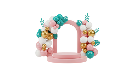 Pink Arch Podium with Balloons and Tropical Leaves on transparent background