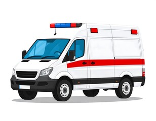 White ambulance with red stripe and lights, drawn in cartoon style, isolated on a white background