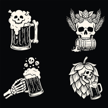 Edgy Beer Skulls Vector Pack: Monochrome Vintage Brewing Graphics