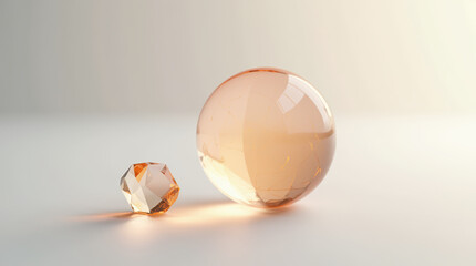 Amber crystal sphere and gem in soft light