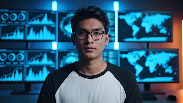 Young man sitting in dark office with multiple trading monitors