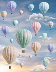 Obraz premium Multiple pastel-colored hot air balloons floating in a blue sky with clouds.
