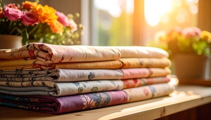 A pile of colorful patterned quilt fabrics is neatly folded on a wooden surface illuminated by warm evening sunlight
