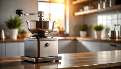 Close up of a modern stainless steel hand crank coffee grinder on a wooden kitchen countertop in bright morning light