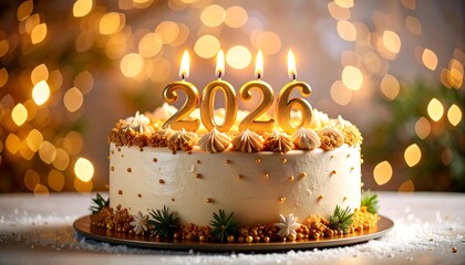 Close up of a festive white cake topped with golden burning 2026 candles and sparkling bokeh lights