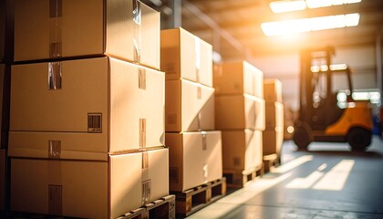 Warm sunlight illuminates rows of stacked shipping boxes on pallets inside a large industrial distribution warehouse