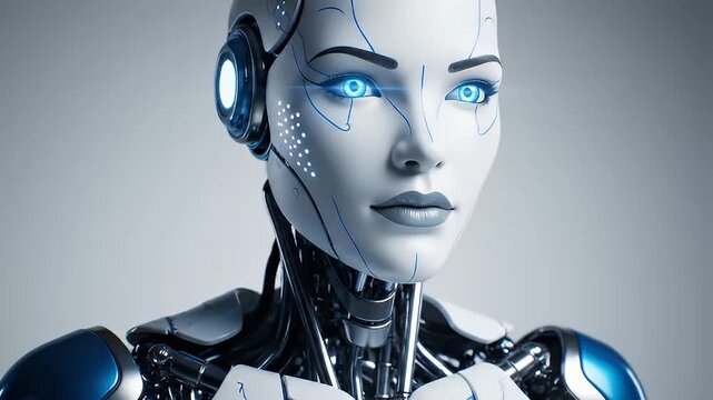 Front view portrait of a white female robot with blue accents