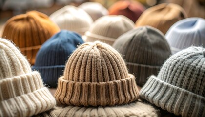 Detailed view of numerous colorful knitted winter beanies featuring beige gray cream and blue wool textures