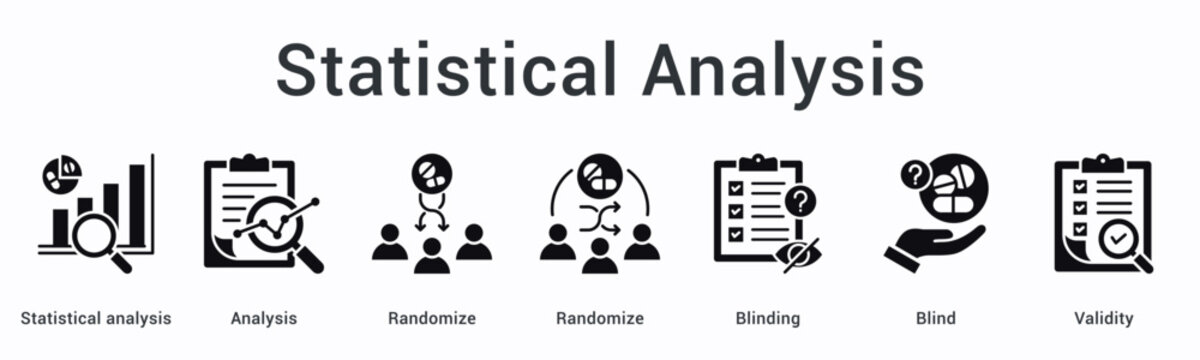 Statistical analysis banner web icon employs randomization and blinding techniques ensuring validity throughout analytical process.