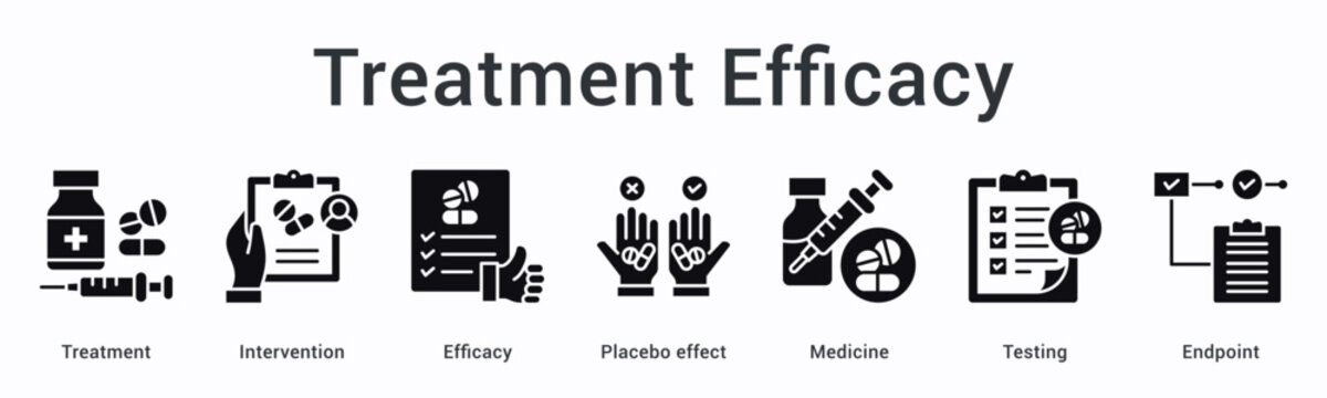 Treatment efficacy banner web icon evaluates intervention effectiveness against placebo effect through medicine testing to endpoint.