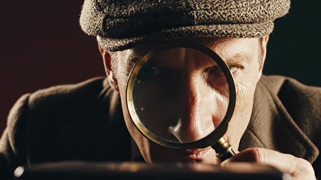 Man in brown coat and hat looking through magnifying glass.
