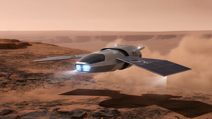 Futuristic spaceship hovers over the rocky Martian surface in dusty orange atmosphere.