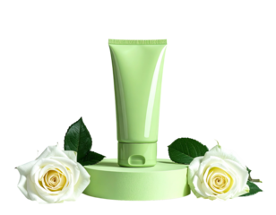 Green tube atop stand with white roses, dark background