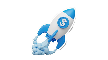 3D Blue and White Rocket with Dollar Sign Launching on transparent background
