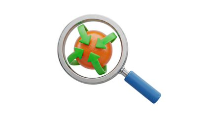 Magnifying glass focuses on orange with arrows on transparent background