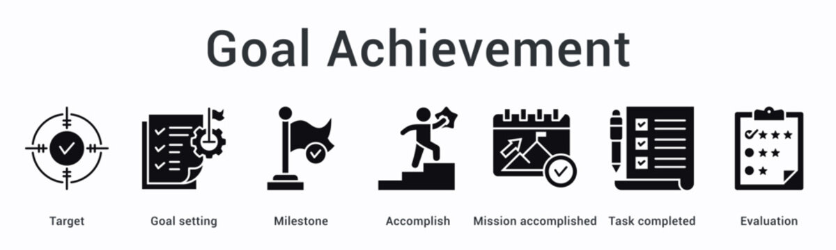 Goal achievement banner web icon demonstrating determination through steps and challenges toward successful outcomes.