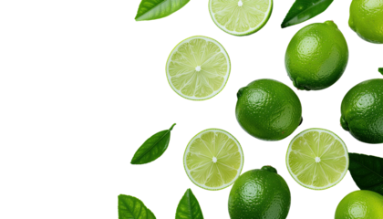 Green limes & leaves on a black background