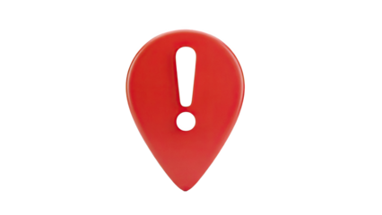 Red exclamation mark in map pin on transparent background