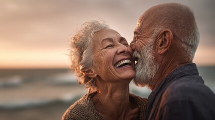 A senior couple laughing together by the sea at sunset expresses lasting love, joy, and deep romantic connection in later life.
