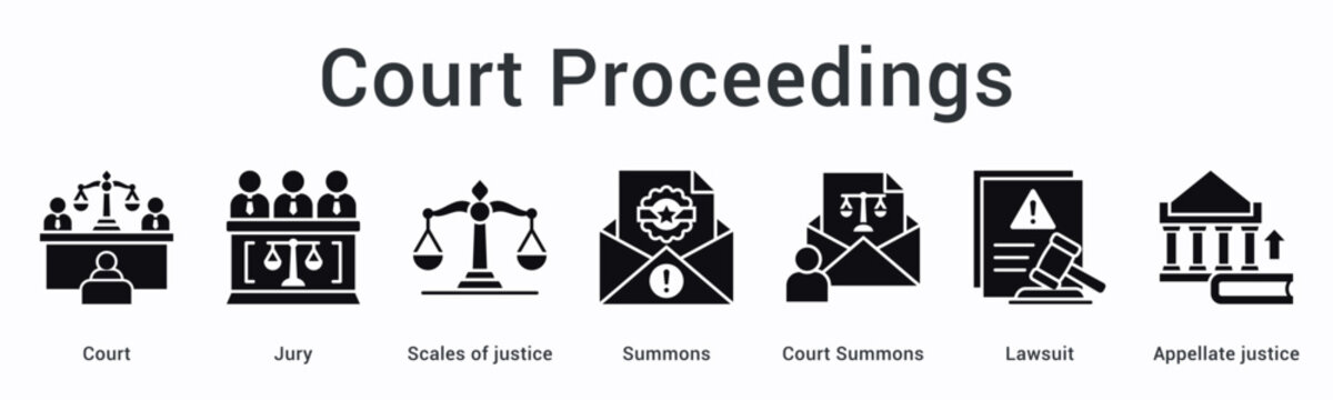Court proceedings banner web icon represents jury trials and justice with summons leading to lawsuit and appellate review.