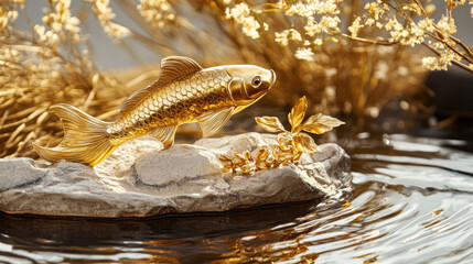 A captivating golden fish perched gracefully, creating a sense of luxury and serenity. The ripples in the water subtly enhance the scene's allure AI Generative