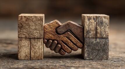 Wooden blocks with handshake symbols represent partnership, trust, teamwork, and successful business collaboration.
