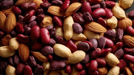 A colorful mix of nuts and legumes with peanuts, almonds, and red beans represents healthy nutrition, balance, and natural energy.
