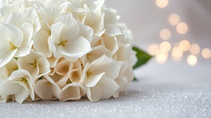 Delicate white hydrangea blooms with soft bokeh lights flower petals