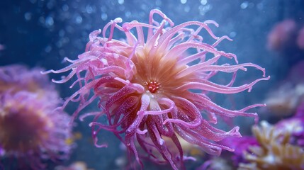 A vibrant pink sea anemone with gently flowing tentacles represents the beauty, diversity, and delicate balance of marine life.
