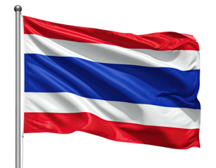 Thai flag waving. Red, white, and blue stripes. Silver pole