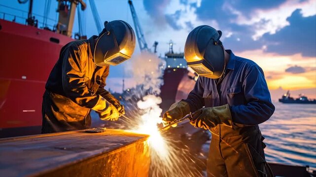 Two welders at work, welding metal, in front of cargo ships, during the sunset