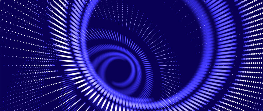3D Circles Tech Background with Dotted Lines and Optical Illusion Effect. Big Data Visualization in Dark Space. Modern Dots Style Round Tunnel Banner. Vector Illustration.