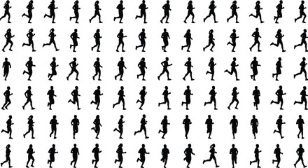 Running silhouette sequence of human motion, athletic poses for animation, biomechanics, sports training, gait analysis, fitness, and movement studies