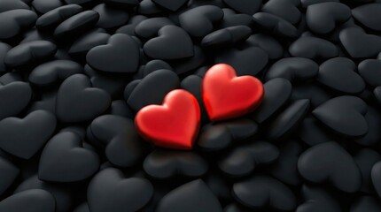 Obraz premium Scarlet Hearts Amidst Shadows: Two vibrant red hearts stand out amidst a sea of dark hearts, symbolizing passion and love. A captivating contrast.