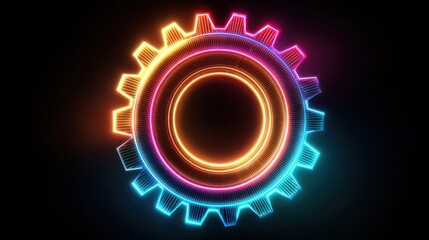 A colorful neon gear wheel glowing with a rainbow gradient symbolizes modern technology, innovation, and digital engineering energy.
