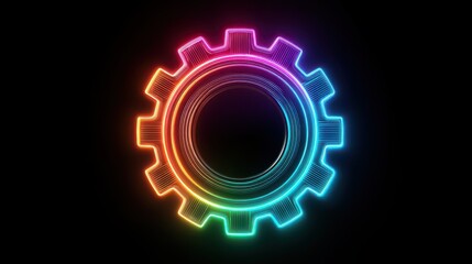 A colorful neon gear wheel glowing with a rainbow gradient symbolizes modern technology, innovation, and digital engineering energy.
