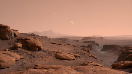 Martian landscape with canyons, rocks, and two moons in the sky.