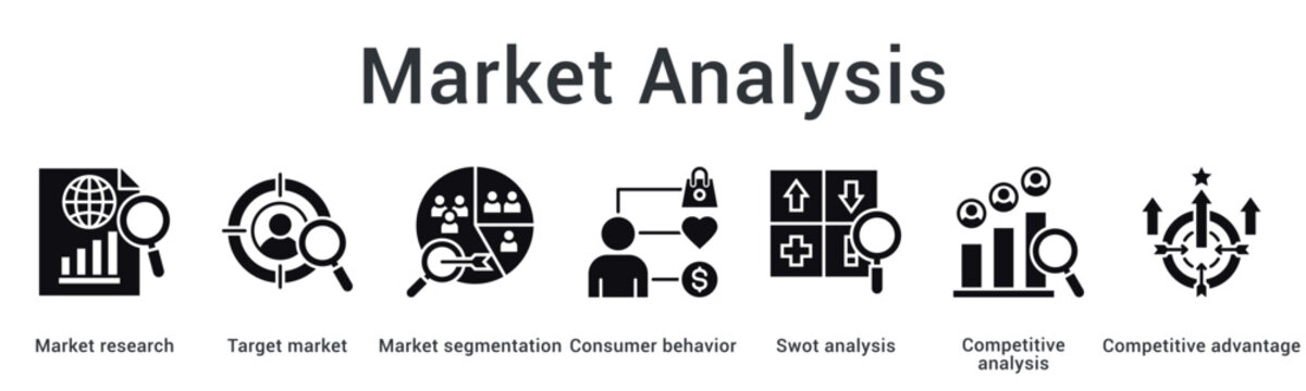Market analysis banner web icon examines target market segmentation and consumer behavior through competitive advantage assessment.