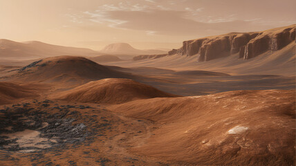 Martian surface with rocky hills and cliffs under an orange sky.