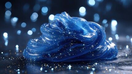 Blue translucent slime filled with glittering sparkles creates a mysterious, futuristic, and fantasy inspired visual effect.

