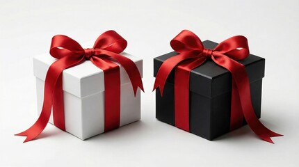 Fototapeta premium Gift Boxes: Two elegantly wrapped gift boxes, one classic white and one chic black, adorned with vibrant red ribbons and bows, sitting side-by-side, perfect for special occasions.