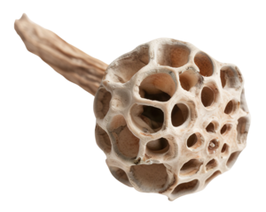 Lotus seed pod features a distinctive shape with shallow cavities and a natural brown color, set against a transparent background for various design applications and artistic projects