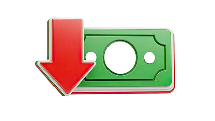 Red down arrow and falling money icon on transparent background