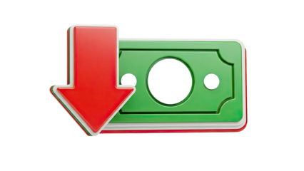 Red down arrow and falling money icon on transparent background