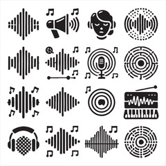 Sound Waves Icons Editable Stroke. The set contains icons such as Noise, Wave Pattern, Music, Voice Signal